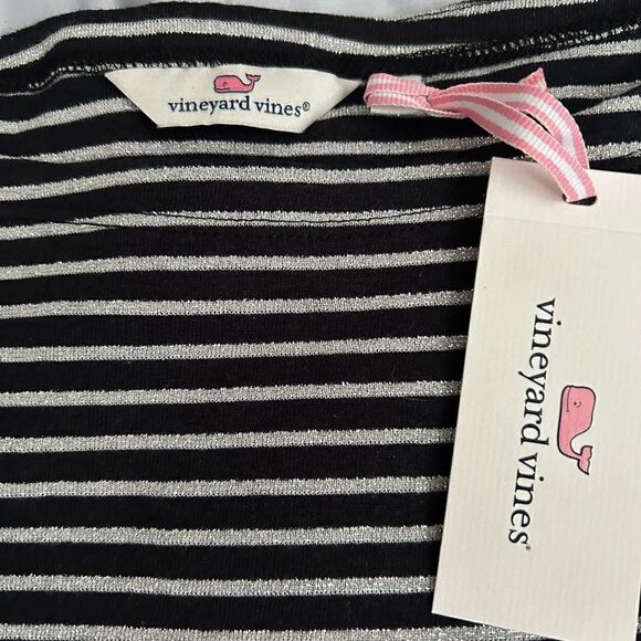 Vineyard Vines Lurex Jet Black And Silver Striped Simple Boatneck Shirt - Picture 3 of 4